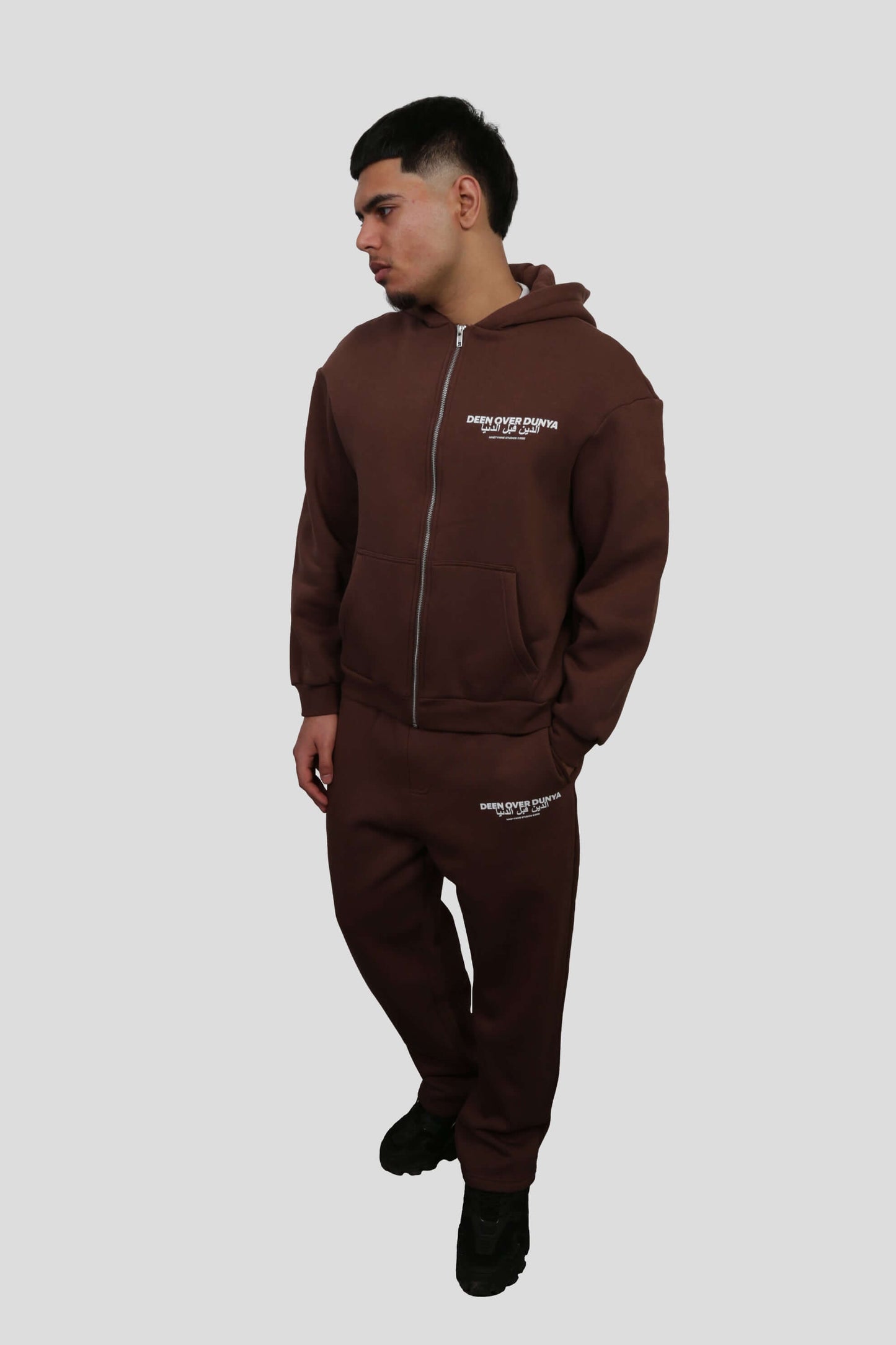 www.ninetyninestudios.de| DEEN OVER DUNYA ZIP HOODIE BROWN | Revolutionary Islamic Streetwear | 99Studios