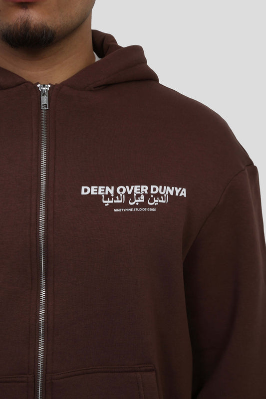 www.ninetyninestudios.de| DEEN OVER DUNYA ZIP HOODIE BROWN | Revolutionary Islamic Streetwear | 99Studios