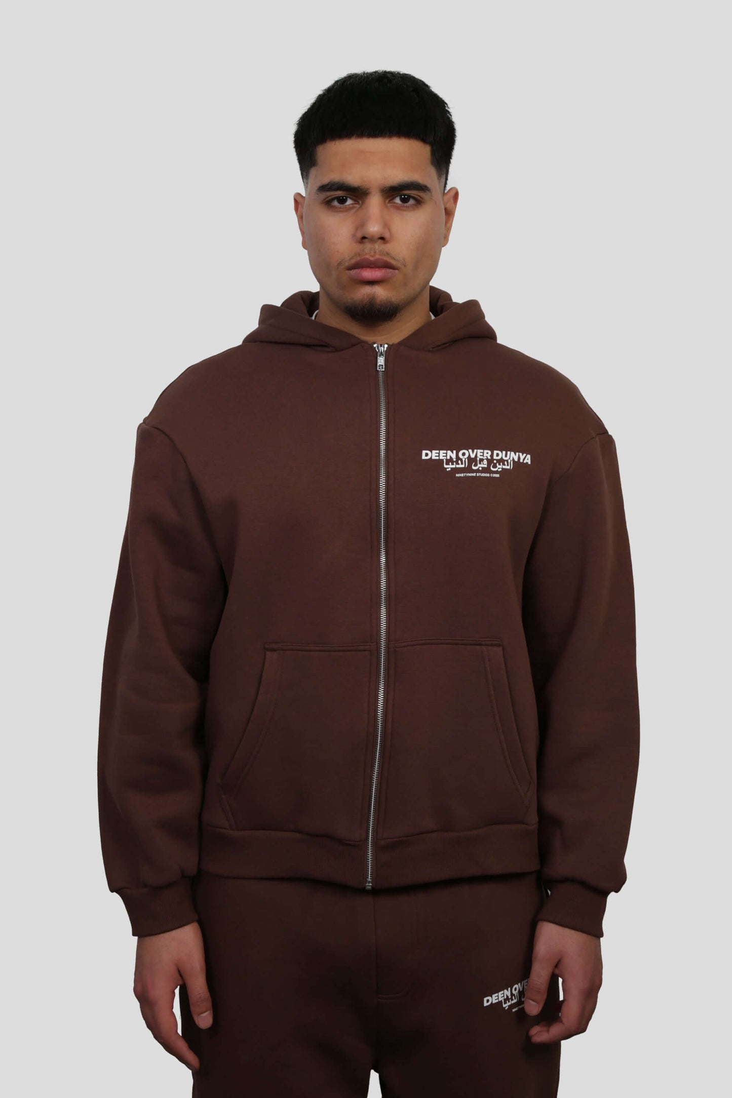 www.ninetyninestudios.de| DEEN OVER DUNYA ZIP HOODIE BROWN | Revolutionary Islamic Streetwear | 99Studios